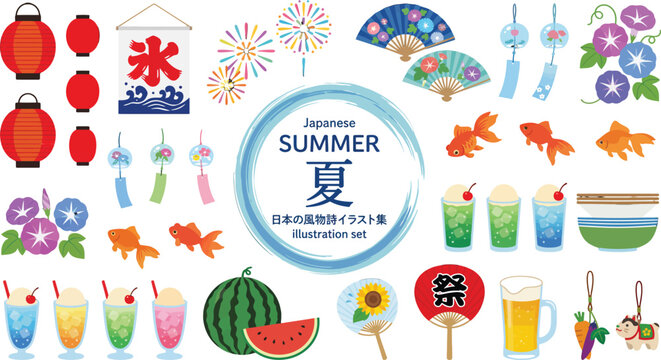 Japanese Summer Festival Icon Set Featuring Traditional Food Drinks Decorations and Seasonal Elements in Flat Vector Illustration