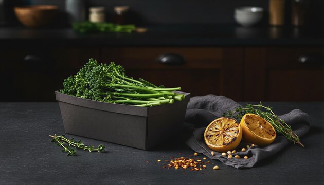 Gourmet broccolini in dark moody restaurant atmosphere