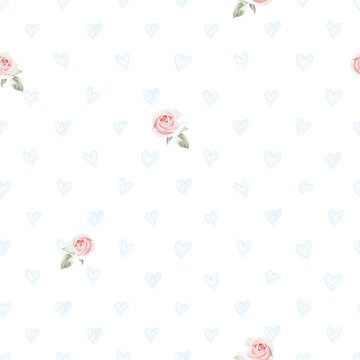 Blue hearts and small pink roses seamless vector floral pattern. Tileable print with flowers for a baby nursery. Scattered details. Flower watercolor style backdrop. Elements are Isolated and editable