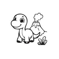 Cute little baby dinosaur standing near a smoking volcano Vector © MDMithun