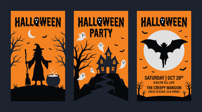 Three colorful halloween party invitation vector flyer designs featuring spooky ghosts witches and creepy bats
