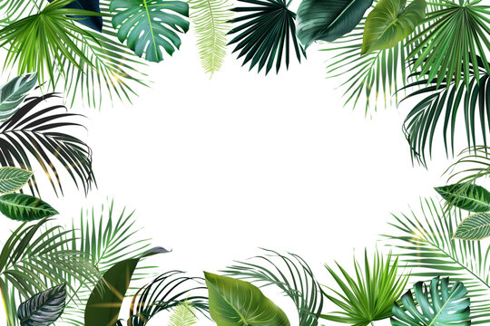Tropical flowers and leaves vector design card. Sun rays light, sunset palm leaves, emerald monstera, jungle palm leaves frame. Exotic island wedding invitation. Elements are isolated and editable