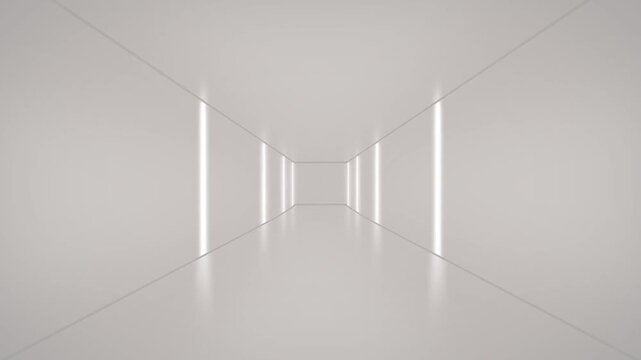 Clean Minimal Corridor Interior With Vertical Light Strips Along Smooth Walls Loop Animation. Geometric Perspective Tunnel Design. Spacious Depth, Modern Architecture, And Elegant Simplicity