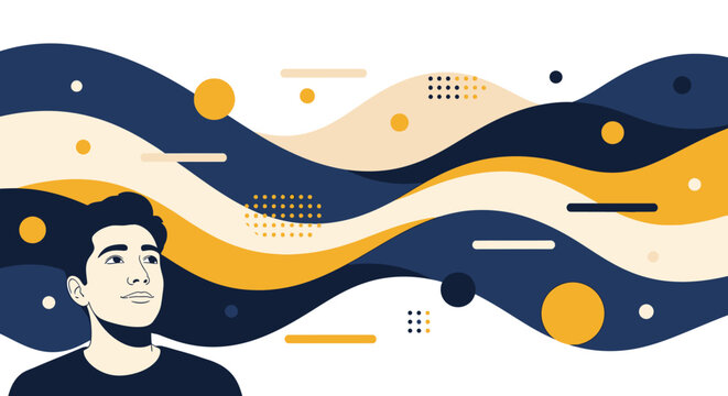 A stylized illustration of a man contemplating against an abstract background of flowing blue, yellow, and beige waves with geometric patterns.
