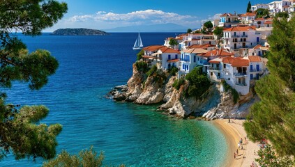 Naklejka premium Mediterranean coastal village with white buildings, blue sea, and sandy beach