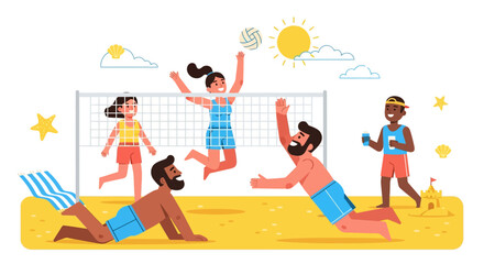 Obraz premium Diverse group of friends playing beach volleyball on a sunny summer day, enjoying leisure and sport together.