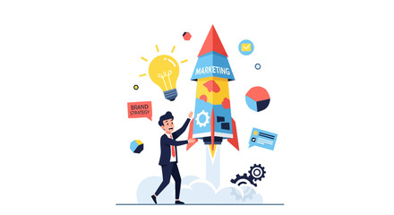 Fototapeta premium An illustration of a businessman launching a marketing rocket surrounded by various business icons representing ideas, data, and growth.