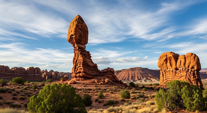 Balanced Rock Formation in Desert Landscape at Sunset.