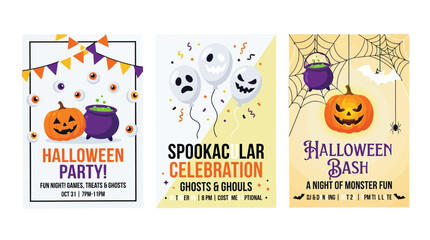 Fototapeta premium Three vibrant halloween party invitation vector flyer designs featuring spooky pumpkins ghosts and festive seasonal decorations