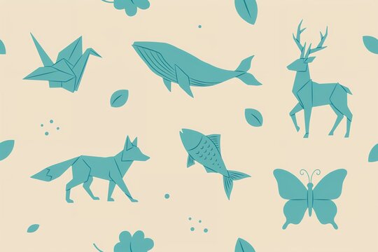 Seamless pattern featuring blue origami animals including a whale, deer, fox, butterfly, fish, and crane on a light beige background surface