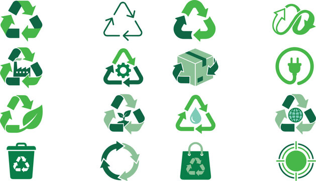 Green Recycling Symbol and Eco Environment Vector Icon Set Featuring Mobius Loops, Organic Leaves, Sustainable Packaging, and Renewable Energy Badges for Waste Management and Circular Economy Designs