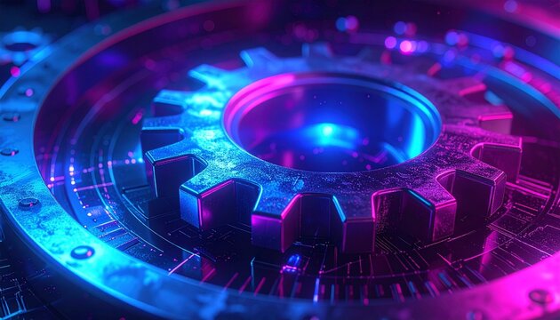 A metallic gear illuminated by vibrant neon blue and pink lights, symbolizing technology, innovation, and futuristic mechanical precision.