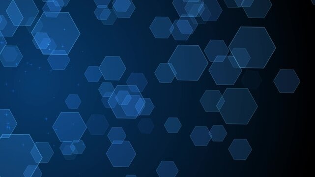 Hexagon tech background animation, Abstract background with translucent hexagons of varying sizes creating a tech-style bokeh effect
