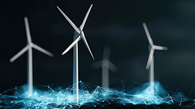 Futuristic wind turbines with glowing digital network connections