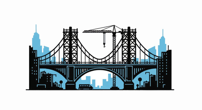 Urban Infrastructure Development and Bridge Construction Silhouette with City Skyline Vector Illustration