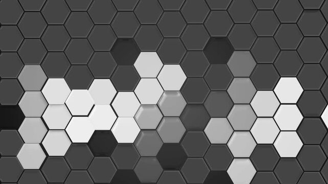 Monochrome hexagonal tile pattern background animation, hexagonal tile pattern with lighter hexagons forming abstract shapes against darker background