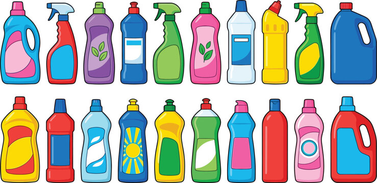 Set of colorful cleaning supply bottles and detergent containers for household sanitizing and chores