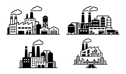 Obraz premium Three distinct vector icons depict factories with smokestacks, illustrating industrial activity in a city, vector illustration .