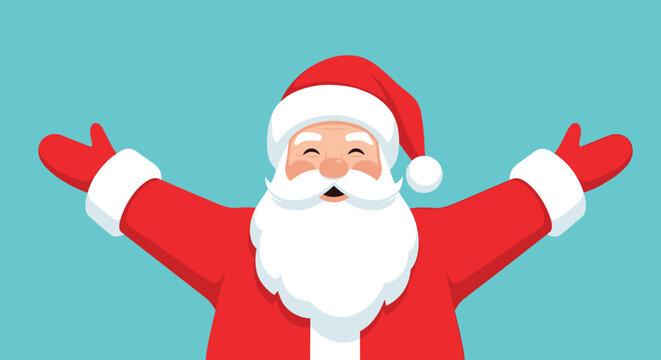 Jolly Santa Claus character with open arms and a big smile in a flat cartoon illustration style for festive holiday greetings and cards.