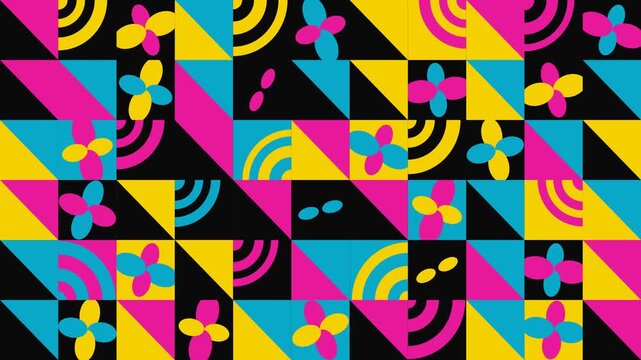 Vibrant Geometric Pattern with Colorful Shapes and Stylized Floral Elements for Modern Digital Backgrounds and Creative Artistic Surface Design