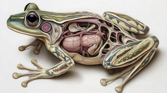 Educational frog anatomy model isolated on a white background.