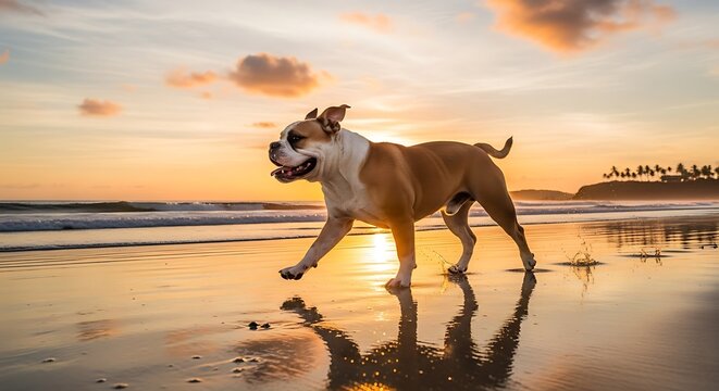 Horse galloping on sandy beach at sunset.