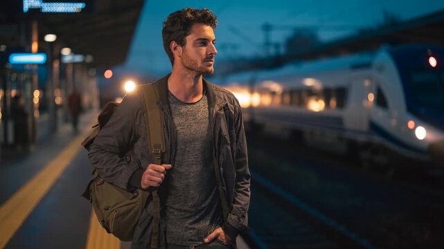 Thoughtful young man with backpack waiting at dimly lit train station platform at night