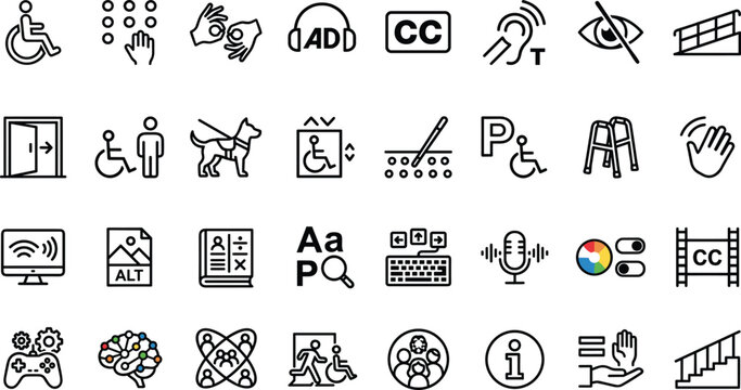 Accessibility and Disability Inclusion Line Icon Set Featuring Wheelchair Sign Language Braille Closed Captions and Assistive Technology Symbols for Web and App Designs