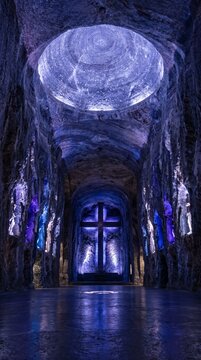 Salt Cathedral Zipaquir&aacute; Colombia underground halite salt mine cathedral interior blue light cross fine art
