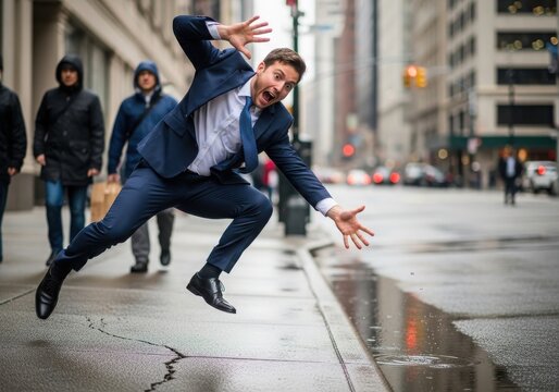 Excited businessman in a suit jumping over a puddle on a city street