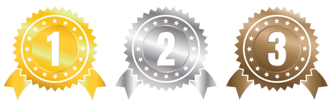 1st 2nd 3rd place awards, Gold, Silver, and Bronze Award Ribbon Badges Set, achievements, rankings, and sports competitions.