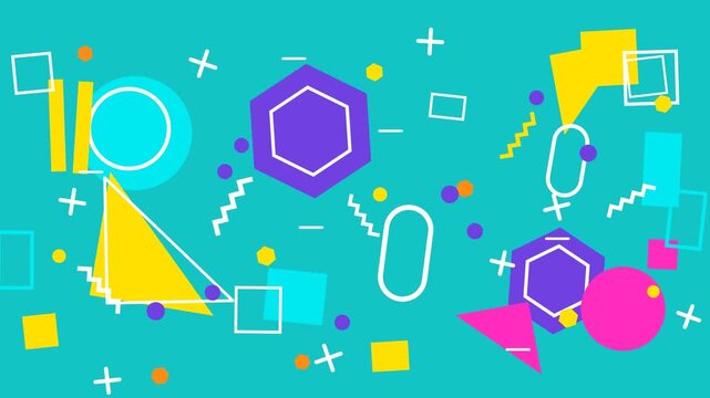 Abstract colorful geometric Memphis style background with bright shapes on teal backdrop