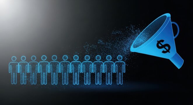 People receiving money from a blue megaphone funnel illustration