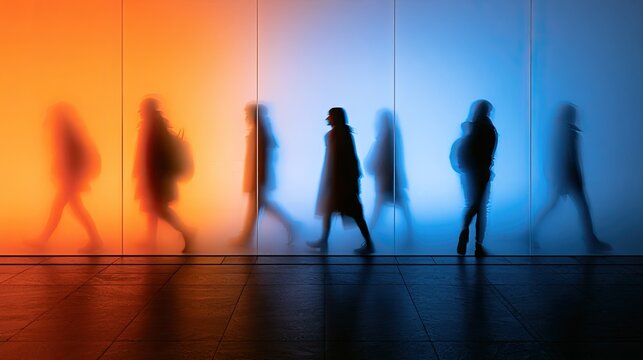 Silhouetted figures walk through gradient light, orange to blue