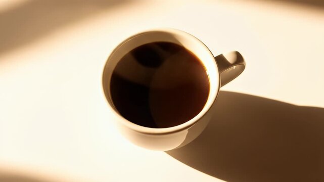 Overhead view of a full coffee cup casting a shadow with diagonal light