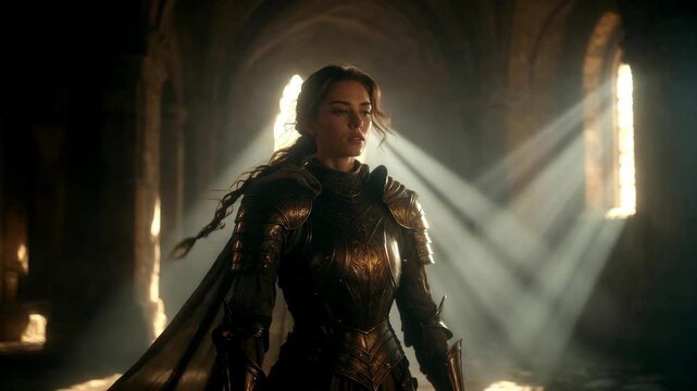 Female warrior in ornate armor within medieval hall, realistic style on dark stone background, concept of courage and resolve