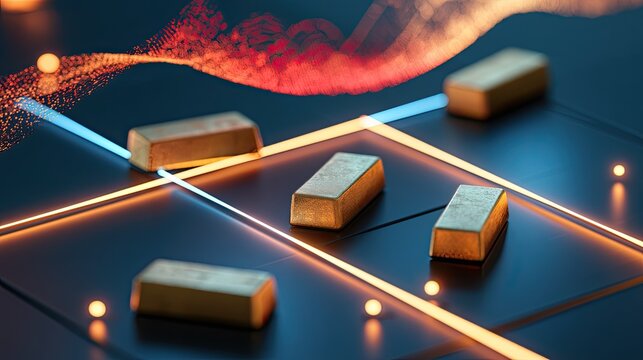 Golden ingots on illuminated grid with glowing particles
