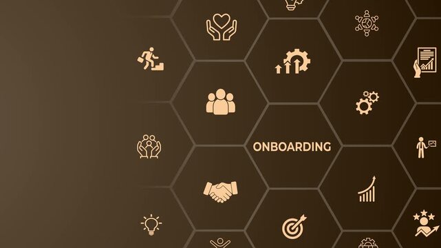 Onboarding new employee process concept on the black background. Ensuring that the new employees are able to work properly. 4k video animation. 