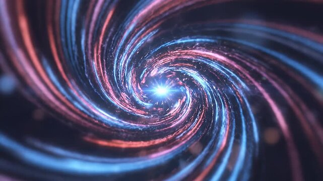 A vortex of glowing blue and pink light streams converge towards a bright central star