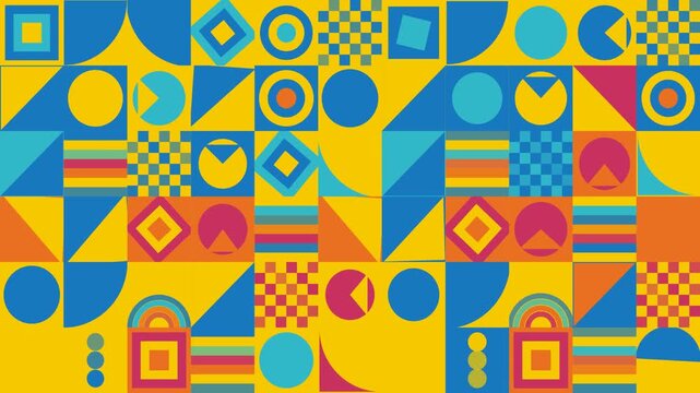 Colorful and playful abstract pattern featuring an array of geometric shapes like circles, squares, and triangles, in a vibrant modern retro style suitable for various design projects