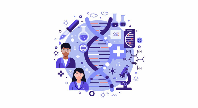 Biotechnology and Genetic Research Vector Illustration with DNA Helix, Lab Scientists, and Medical Equipment on White Background