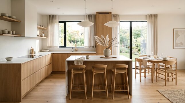 minimalist Japandi style kitchen and dining area
