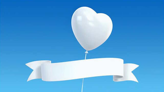 A white heart-shaped balloon floats against a clear blue sky with a banner