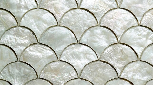 Pearlescent fan-shaped tiles with metallic grout