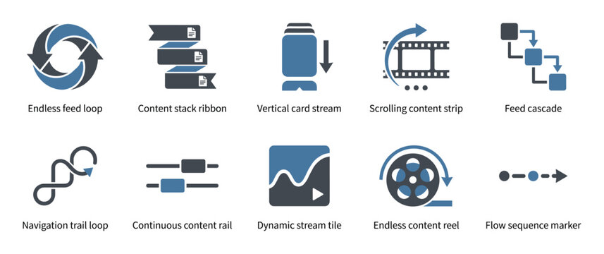 Set of ten user interface icons for content flow and navigation, featuring concepts like endless loop, feed cascade, and scrolling strip in a flat, two-tone blue and gray style