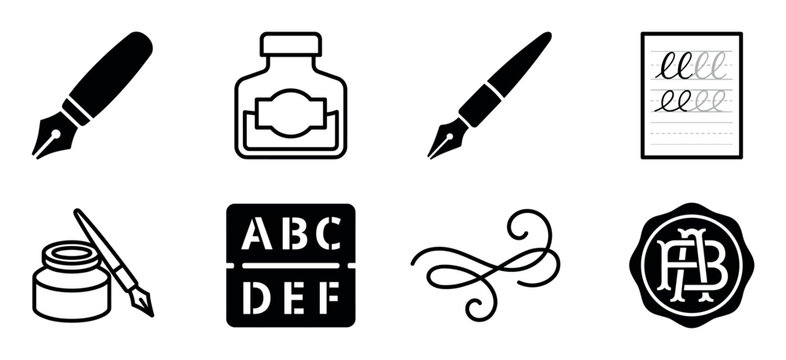 Set of black calligraphy and writing icons featuring a fountain pen, ink bottle, wax seal, alphabet stencil, and cursive lettering for graphic design and educational concepts