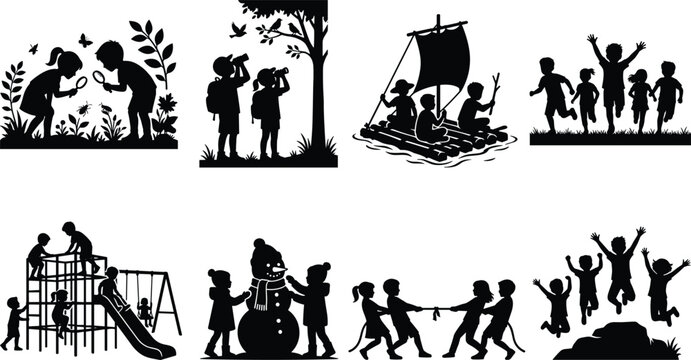Children outdoor adventure and camp activities silhouette icon set featuring kids playing exploring and jumping isolated on white