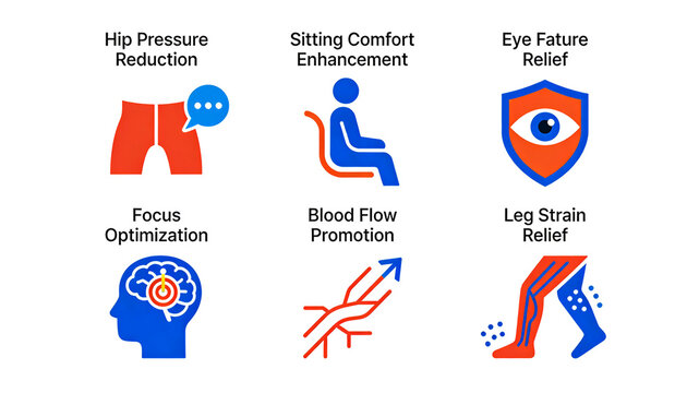 Six red and blue flat ergonomic icons represent the concepts of protecting buttocks and eyes, promoting focus, and relieving leg fatigue, suitable for labeling office seat products.
