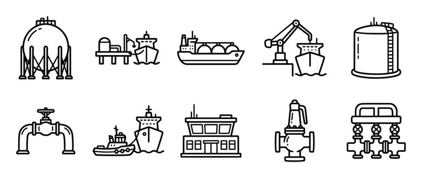 Set of black line icons depicting the oil and gas industry with ships, storage tanks, port terminals, and pipeline equipment for maritime transportation and logistics