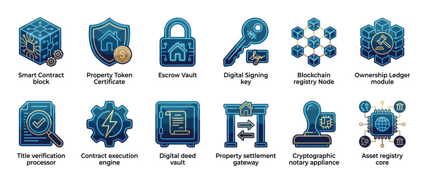 Set of blue and gold real estate technology icons for blockchain applications including smart contracts, digital signatures, property tokens, and secure ownership ledgers